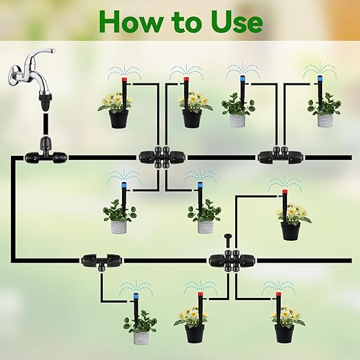 Kalolary 8Pcs 1/2'' to 1/4'' Drip Irrigation Fittings with 6Pcs Plugs, Drip Irrigation Part for 12/16mm to 4/7mm Tube Locked Barbed 6 Hose Connectors Splitter Fitting for Warter Irrigation System