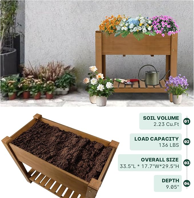 Raised Garden Bed Outdoor, Wooden Planter Boxes with Legs Protective Liner & Drainage Holes, Elevated Garden Flower Beds for Backyard Balcony, Gift for Gardening & Mother, 33.46'' X 17.9'' X 29.72''