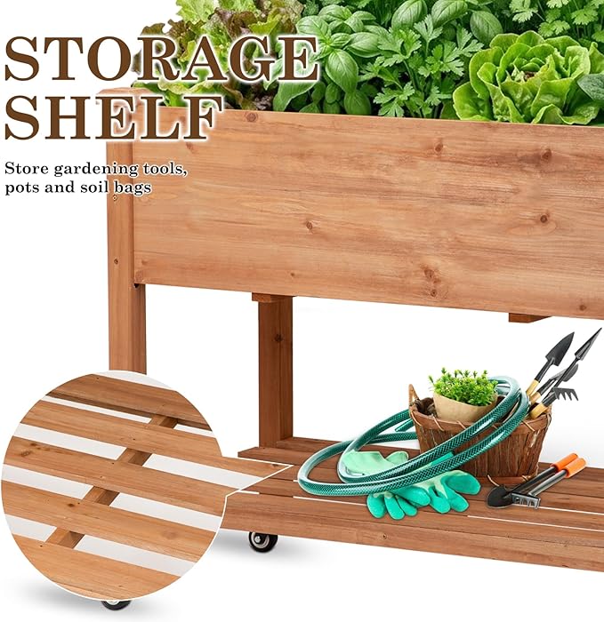 Raised Garden Bed with Lockable Wheels, 40x24x32 inch Elevated Wood Planter with Storage Shelf Protective Liner for Vegetable Flower Herb Outdoor Balcony Patio Backyard, Brown