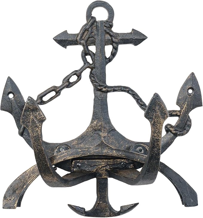 MyGift Brown Heavy Duty Cast Iron Outdoor Garden Hose Hanger Wall Mounted Water Hose Holder Reel with Vintage Scrollwork Design (Ship Anchor)