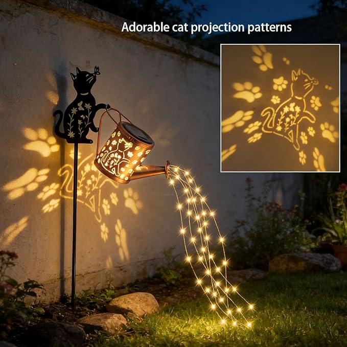 Solar Watering Can with Lights, Featuring Metal Cat Silhouette Garden Ornament Festive Gift for Women, Waterproof Outdoor Decor for Backyard Paths and Lawn(1 Pc Cat Watering Can Light)