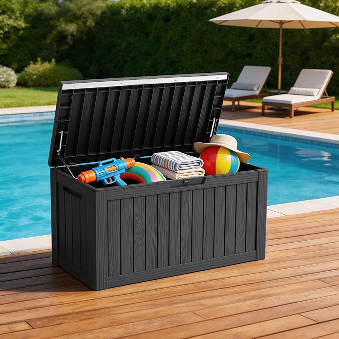 Outdoor Deck Storage Box, 90 Gallon Waterproof Deck Box, Resin, Lockable Patio Storage Box for Pool Accessories, Garden Tools, Cushion, Large Package Delivery，Weatherproof & UV-Resistant Storage Bench