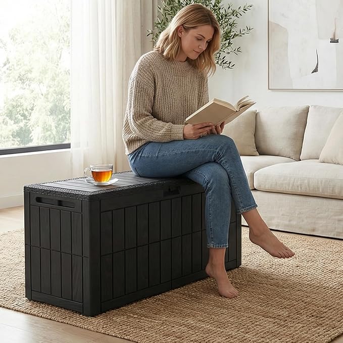 100 Gallon Outdoor Storage Box, Black Resin Deck Box, Lockable, Weather-Resistant, 48x24x21 in, for Cushions, Pool Accessories, Garden Tools