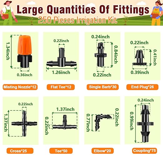 250-Piece Drip Irrigation Fittings Kit for 1/4" Tubing, Complete Set of Barbed Connectors for Drip System Setup (Nozzles, Nozzle Tees, Single Barbs, Couplings, Tees, Elbows, Plugs, Crosses)