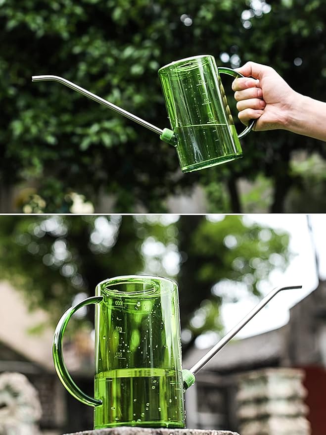 Plastic Watering Can, Plant Watering Can with Stainless Steel Long Spout, 1L/34oz Clear Measurement Markings Long Spout Watering Can for Indoor Plants, House Plants and Flowers Easy Fill-Green