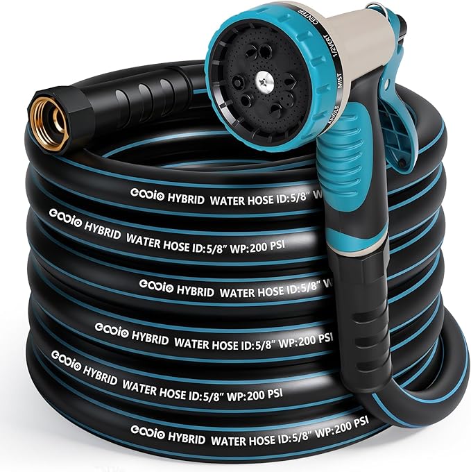 Heavy Duty Garden Hose 35 ft, NON-EXPANDABLE Water Hose with 10 Function Spray Nozzle, Lightweight Kink-less Hybrid Hose with Swivel Handle, Male to Female Fittings