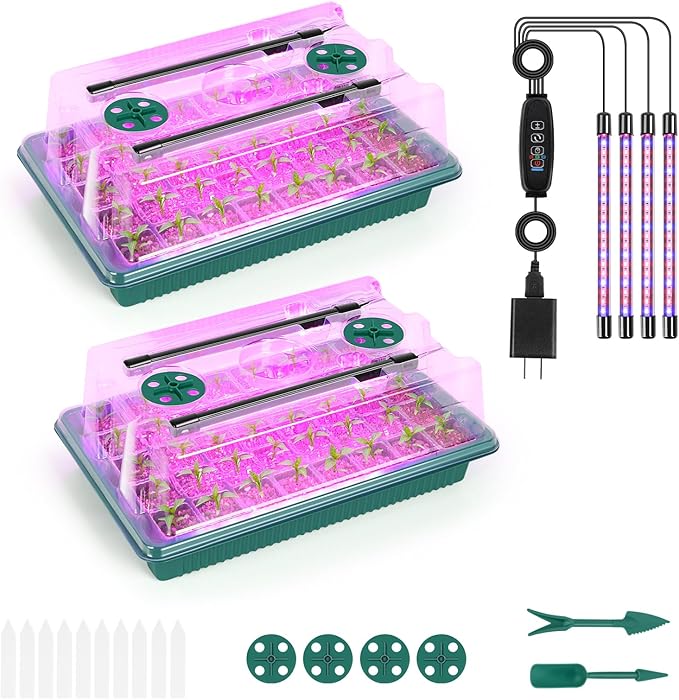 Nandae Seed Starter Tray with Grow Light, 2 Pack 80 Cells Seedling Tray Kit with Humidity Hood and Drainage Hole, Adjustable Light & Timing, Perfect for Indoor Seed Cultivation