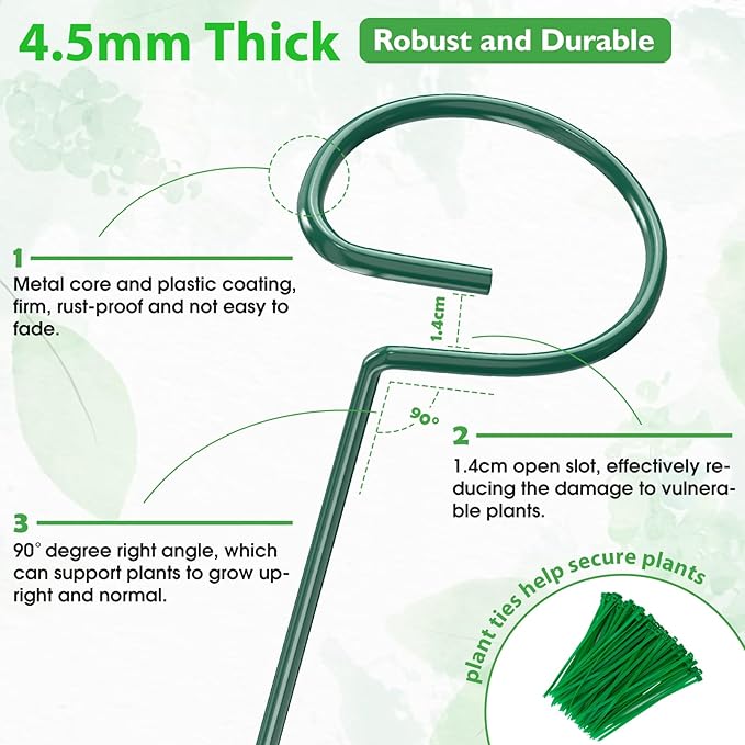 Unves 12 Pack Plant Support Stakes, 36 Inch Garden Single Stem Plant Stakes, Green Flower Garden Plant Cage for Outdoor & Indoor Plants, Sunflower, Hibiscus, Tomatoes with 100 Pcs Twist Ties