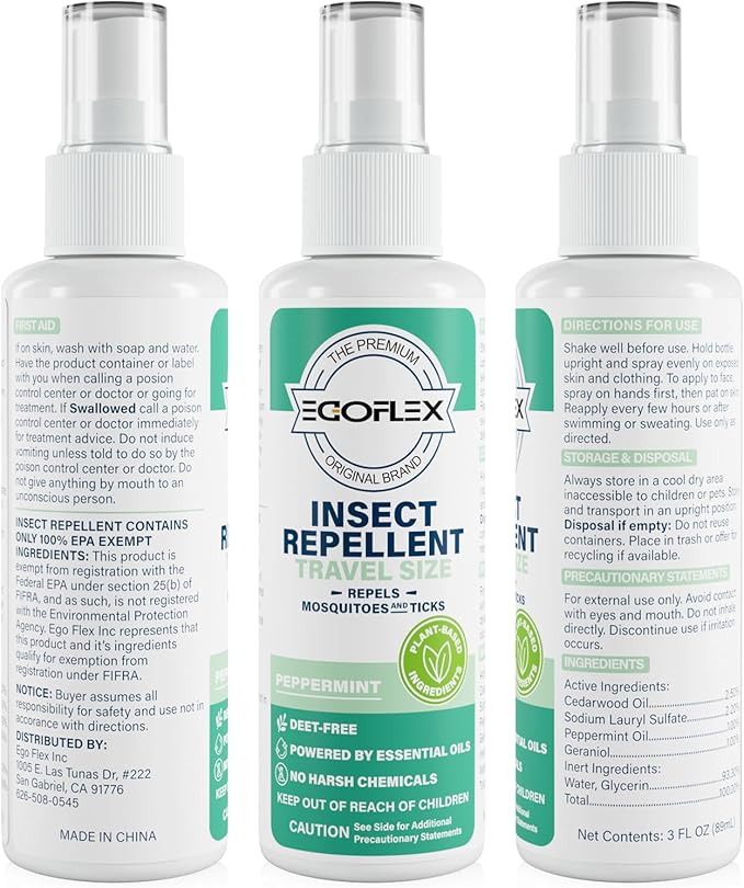 3-Pack Mosquito Repellent Spray - DEET-Free Bug Spray Travel Size TSA Approved - Mosquito, Tick & Insect Killer Deterrent with Natural Essential Oils - Peppermint Scent - Safe for Family - 3 Fl Oz