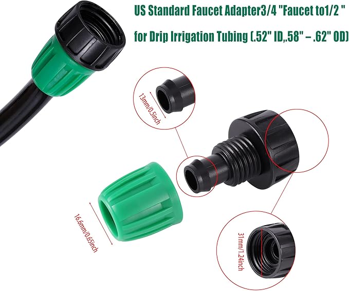 US Standard 4 Pcs 3/4" to 1/2" Faucet Irrigation Hose Adapter, 3/4 inch Faucet to1/2 inch Drip Irrigation Tube, 3/4" Faucet to1/2" Irrigation Tubing Faucet Adapter Drip Irrigation Hose Connector