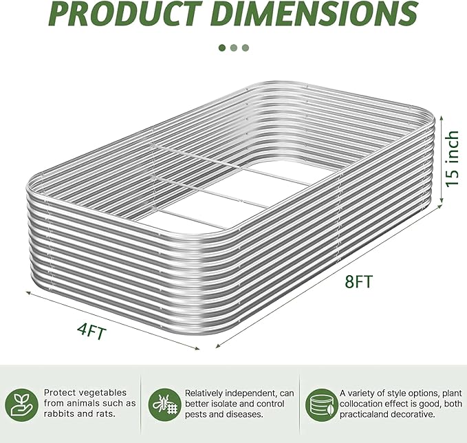 2 Pack Tall 8x4FT Corrugated Galvanized Steel Raised Garden Bed Outdoor, Metal Above Ground Garden Bed for Vegetables and Flowers, Raised Beds for Gardening-8x4FTx15inch