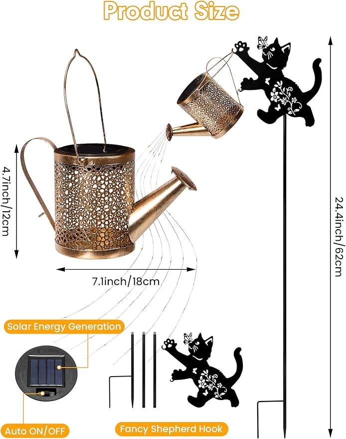 Solar Watering Can Lights with Cascading Light, Solar Lights Outdoor Garden Decor, IP65 Waterproof Hanging Lantern, Hanging Gardening Decor for Outside Patio Porch Yard (Cat)