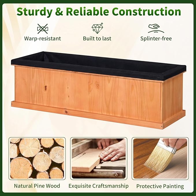 Giantex Raised Garden Bed Set 2, 44”x10”x12” Wooden Elevated Planter Box with 3 Drainage Holes & Removable Bottom & Bed Liner, Elevated Flower Bed, Plant Container for Vegetables Herbs & Fruits