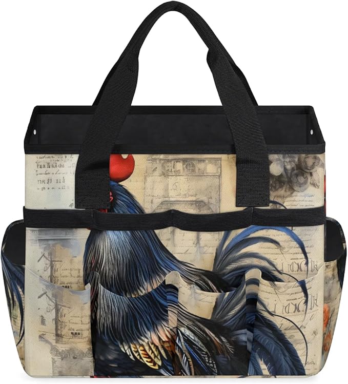 Garden Tool Bag Organizer Garden Tote Bag with Pockets Rooster Watercolor Flowers Tool Storage Organizer Gardening Tool Kit Holder 13" x 6.8" x 2.8"