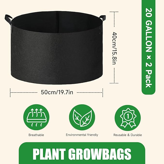2-Pack 20 Gallon Fabric Grow Bags with Handle, Heavy Duty 300G Thickened Nonwoven with Handles and Reusable, Suitable for Garden Vegetables,Fruits and Flowers(Black)