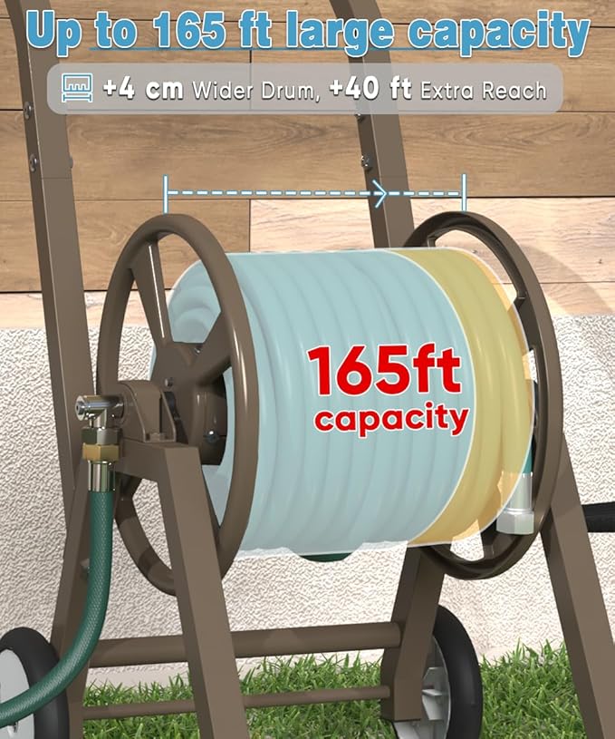 Garden Hose Reel Cart with Wheels, Holds 165 ft of 5/8’’ Hose Outdoor Heavy Duty Powder-coated Steel Water Storage Winder Holder with 3.9 Ft Leader Hose for Outside Lawn Yard, Brown
