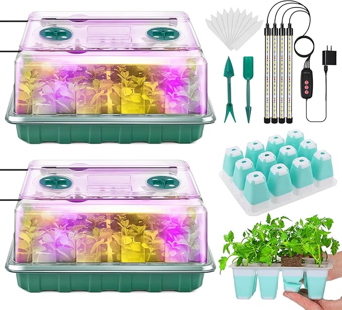 Seed Starter Tray with Grow Light, 2-set Flexible Silicone Seedling Starter Kit, 96-Cell Seed Growing Tray, Seed Starting Trays Plant Starter Kit, Reusable Indoor Gardening Plant Germination Trays
