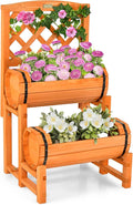 Giantex Raised Garden Bed with 2 Barrel Planters & Trellis, 2-Tier Freestanding Wooden Raised Bed for Vegetable Flower Fruit, Indoor Outdoor Plant Box for Garden Yard Balcony