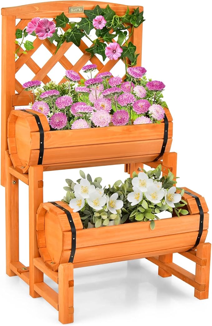 Giantex Raised Garden Bed with 2 Barrel Planters & Trellis, 2-Tier Freestanding Wooden Raised Bed for Vegetable Flower Fruit, Indoor Outdoor Plant Box for Garden Yard Balcony