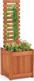 Giantex Wood Raised Garden Bed with Trellis, Outdoor Planter Box w/Open-Ended Base for Climbing Plants, 18'' Planting Depth Freestanding Privacy Planters Trellis Planter for Patio, Backyard