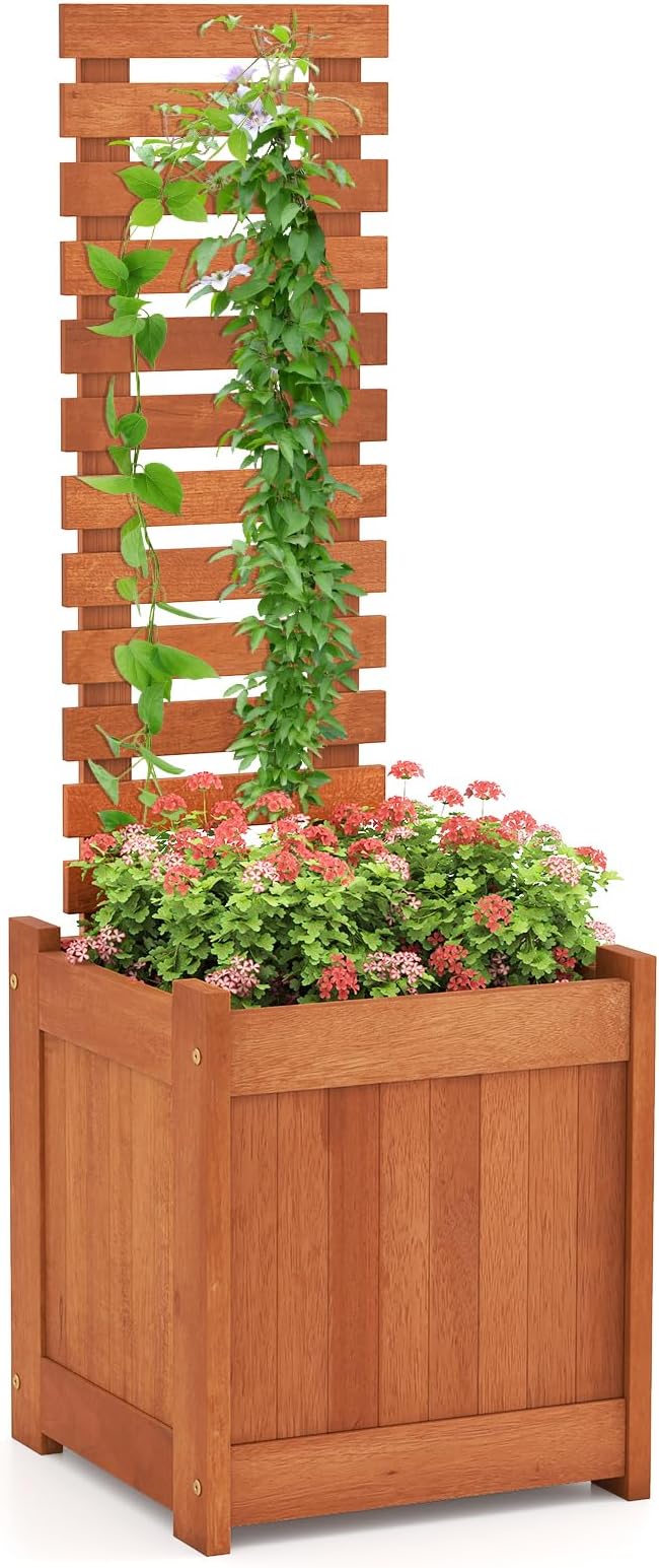 Giantex Wood Raised Garden Bed with Trellis, Outdoor Planter Box w/Open-Ended Base for Climbing Plants, 18'' Planting Depth Freestanding Privacy Planters Trellis Planter for Patio, Backyard
