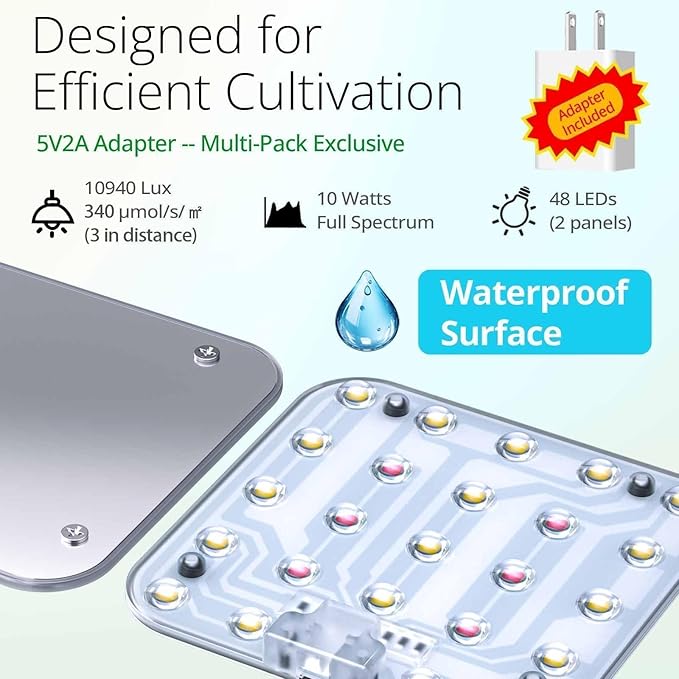 DOMMIA Full Spectrum LED Grow Light for Indoor Plants, 2 Panels 10W with 6/12/16h Timer Dimmable Plant Lights for Flower Veg Plant Growth USB, Netural White, 2-Pack