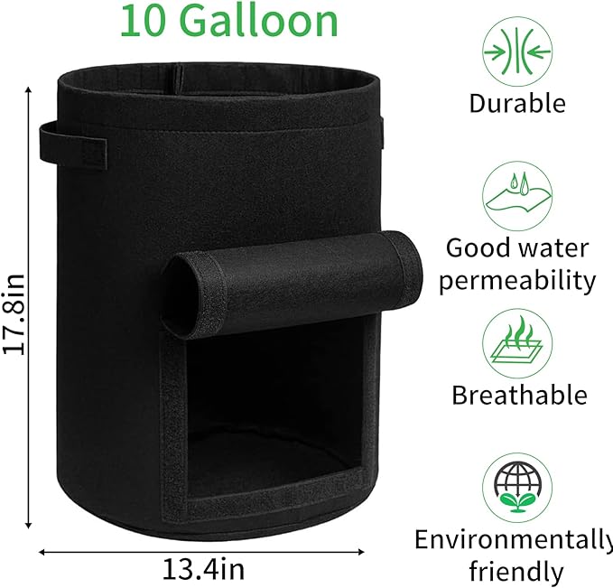 JJGoo 4 Pack Potato Grow Bags 10 Gallon with Flap, Heavy Duty Fabric with Handle and Harvest Window, Non-Woven Planter Pot Plant Garden Bags to Grow Vegetables Tomato, Black