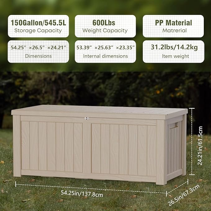 150 Gallon Outdoor Storage Box Patio Deck Box Waterproof, Resin Lockable Outside Large Storage Bin for Pool Cushion Furniture, Garden Tools UV-Resistant, Grey