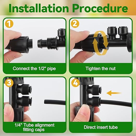 Kalolary 10PCS 1/2'' to 1/4'' Drip Irrigation Fittings with 4PCS Plug, Quick Connect Drip Irrigation Part for 12/16mm to 4/7mm Tube 4 Way Anti-Leak Locked Splitter Fitting for Garden Irrigation System