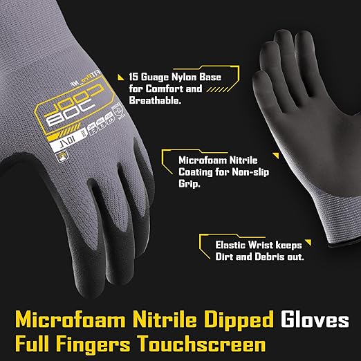 COOLJOB 12 Pairs Safety Work Gloves Microfoam Nitrile Rubber Coated, Seamless Knit Nylon Gloves with Full Fingers Touchscreen, Grip Nitrile Dipped, Ideal for Warehouse, Home Improvement, Grey Large
