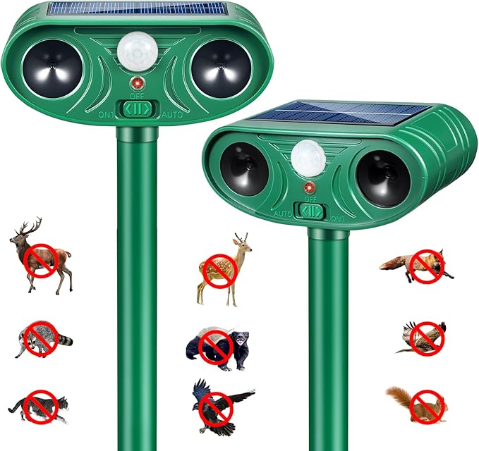 2026 Solar Animal Repellent Outdoor&Cat Repellent Outdoor with Motion Deer Repellent Devices Ultrasonic Cat Deterrent Fox Raccoon Squirrel Rabbit Coyote Deterrent for Farm Orchard Garden 2 PCS