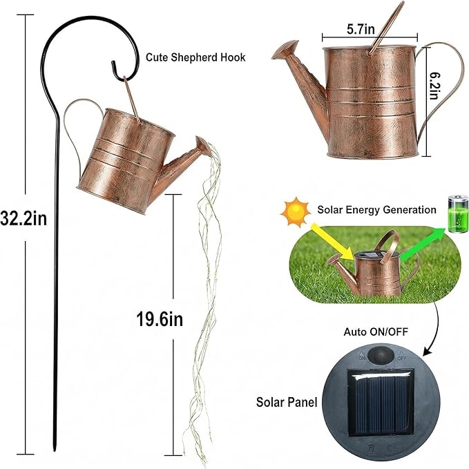 Solar Watering Can with Cascading Warm White Fairy Lights Outdoor Garden Decor Waterproof Metal Fountain Yard Patio Lawn Ornament