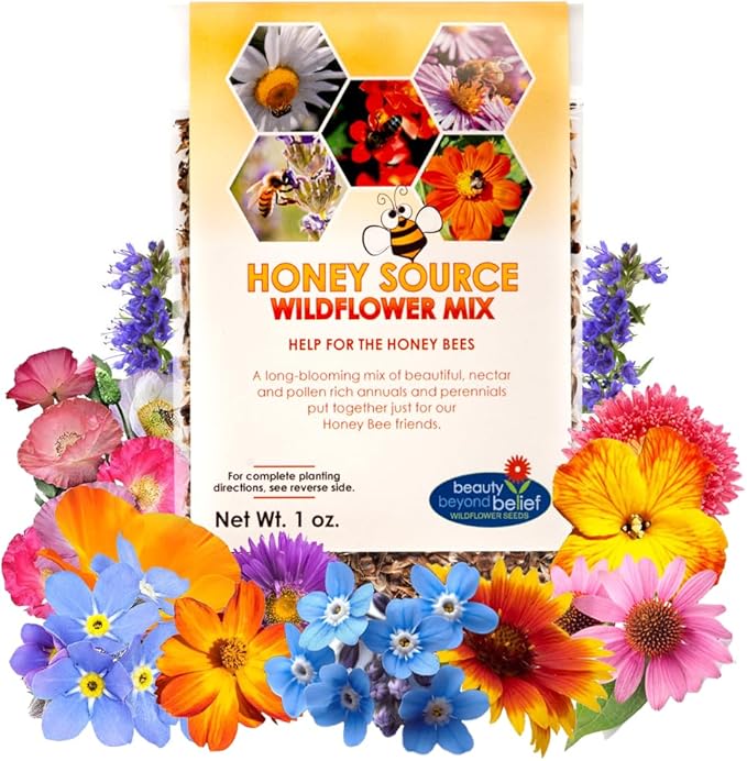 Honey Source Wildflower Seeds Mix for Honey Bees 1oz - Premium Annual and Perennial Flower Seed Mix – Bulk Planting for Pollinator