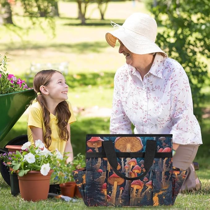 Garden Tool Bag Organizer Garden Tote Bag with Pockets Autumn Mushrooms Tool Storage Organizer Gardening Tool Kit Holder 13" x 6.8" x 2.8"