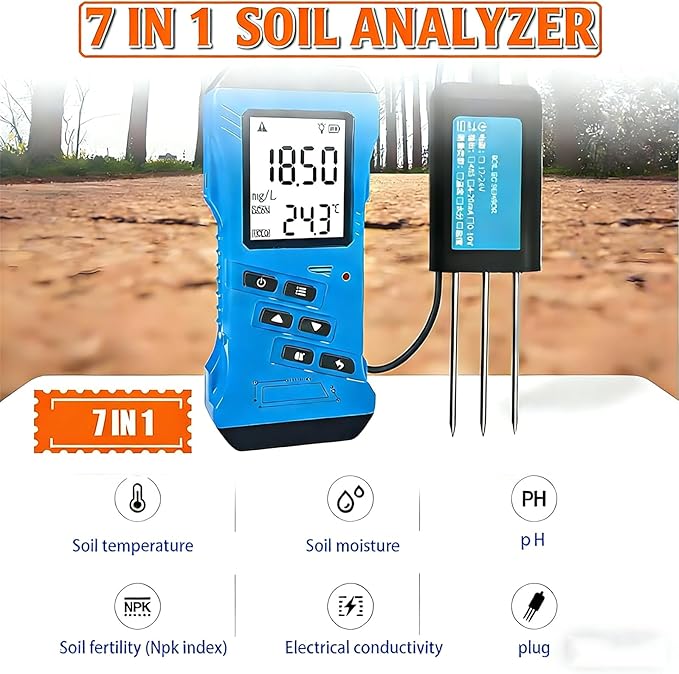 7-in-1 Soil Tester Kit - pH, Moisture, Nutrient Conductivity, Phosphorus, Potassium (NPK) Meter for Garden, Lawn, Farm & Potted Plants, Flower Fertilizer Tool