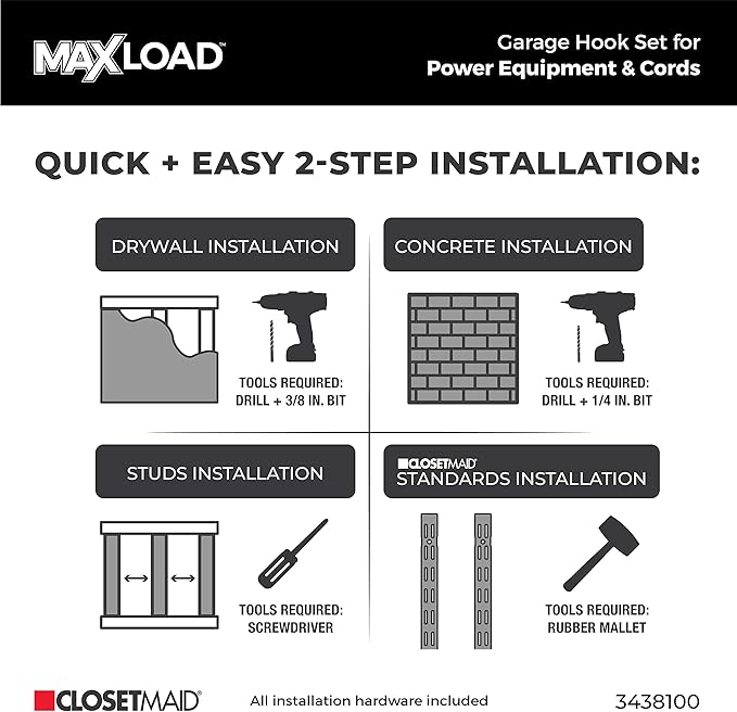ClosetMaid MaxLoad 2-Pack Garage Hooks & Hangers Wall Mount Heavy Duty Storage for Cords, Hoses, Power Equipment, Black