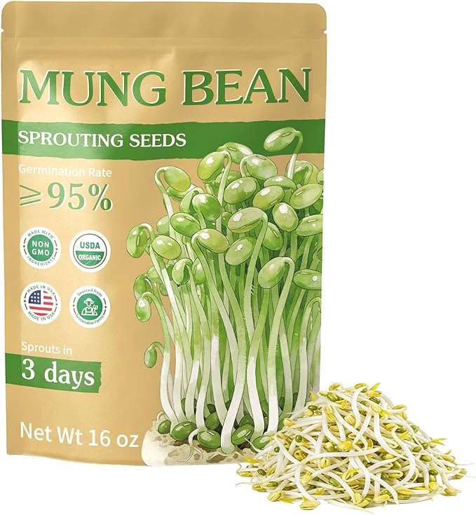 Organic Mung Bean Sprout Seeds (16 oz), Certified Non-GMO, Heirloom Seeds, Premium Mung Bean Sprouting Seeds for Sprouting and Microgreens, High Yield High Germination, Resealable Bag