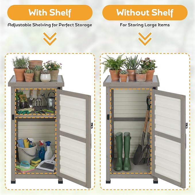 PetsCosset Small Outdoor Storage Cabinet, Wood & Plastic Potting Bench Table Tool Organizer for Patio Backyard Garden, Metal Top, Adjustable Shelf, Corner Storage for Narrow Spaces