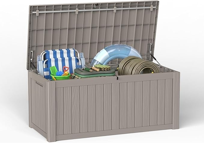 150 Gallon Outdoor Storage Deck Box Waterproof Resin Lockable Outside Bench Porch Patio Furniture Pool Float Garden Tool Cushion UV Resistant Bin Beige