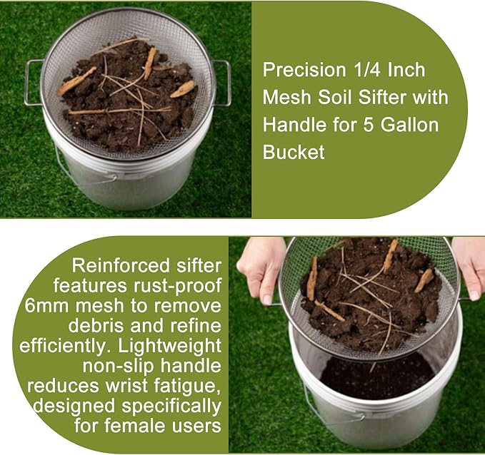 Soil Sifter & Garden Tool Set,Sand Soil Compost Sifter 1/4 Inch Mesh,Stainless Steel Tools with Organizer Bag,Gardening Kit for Weeding, Planting, Digging,Gardening Gifts for Women Men