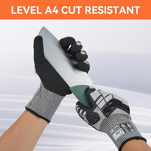 Safety Work Gloves, Impact Gloves for Men Women, Cut Resistant Non-Slip Heavy Duty Gloves with Nitrile Grip, Touch Screen Glove with Impact Protection for Mechanic Construction, Medium, Grey