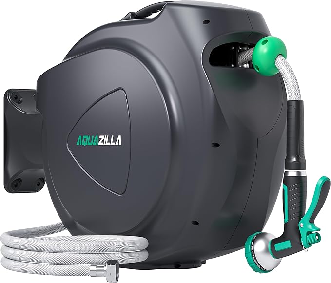 Retractable Garden Hose Reel, 100Ft x 1/2" Durable Wall Mounted Water Hose Reel with 180¡ãSwivel Bracket, 9 Pattern Sprayer, 6Ft leader hose,Smooth Automatic Rewind, Any Length Lock.