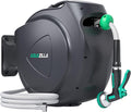 Retractable Garden Hose Reel, 100Ft x 1/2" Durable Wall Mounted Water Hose Reel with 180¡ãSwivel Bracket, 9 Pattern Sprayer, 6Ft leader hose,Smooth Automatic Rewind, Any Length Lock.