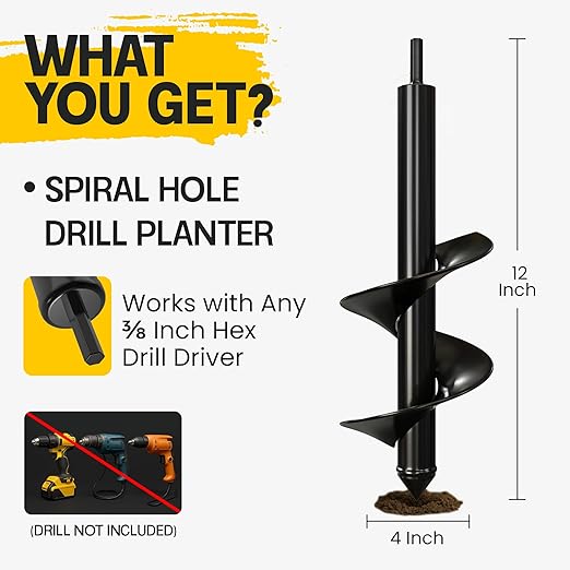 Sproot Garden Auger Drill Bit for Planting – 4 x 12 Inch - Umbrellas and Fences Auger Post Hole Digger for Gardening and Spiral Bulb Planter Tool – 3/8 Inch Hex Drive Compatible