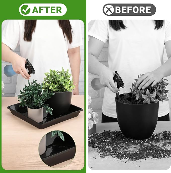 GREANER 8/10/12 Inch Square Tray, 6 Packs Heavy Duty Plastic Plant Plates to Catch Water, Plant Drip Trays No Holes(Black)