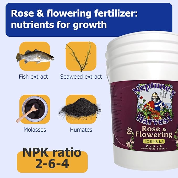 Neptune's Harvest Rose & Flowering Fertilizer (2-6-4) - 5 Gallon Pail - Organic Liquid Food for Vibrant Blooms & Growth - Promotes Healthy Foliage - Ideal Fertilizer for Indoor & Outdoor Use