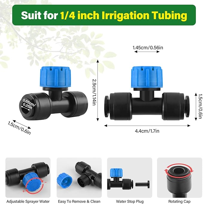 Kalolary 30Pcs Push-to-Fit Drip Irrigation Emitters for 1/4 inch Tubing, Adjustable Drip Emitter Sprayer with 8 Holes Irrigation Dripper Sprinklers with 6PCS End Plugs for Irrigation System(Blue)