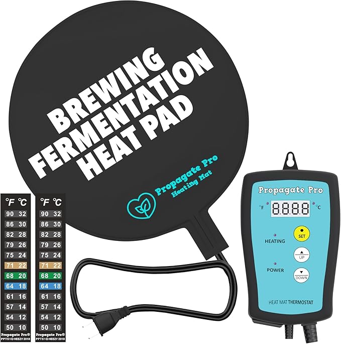 Brewing & Fermentation Heat Pad with Heating Thermostat - 10" Sourdough Starter Warmer Mat, Beer & Wine Fermenting - Heating Mat for Kombucha Jar, Carboy, Glass Jar, Fermentors with Heater Temp Strip