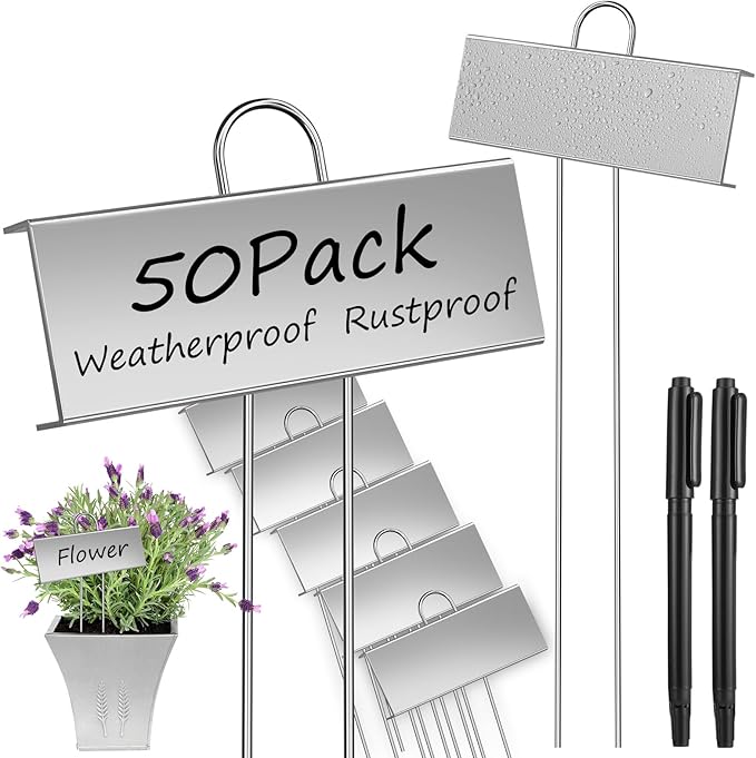 50 Pack Metal Plant Labels, Reusable Waterproof Garden Markers with Pen, Height 10.6'' Label Area 3.5'' X 1.2'' Nursery Seed Tags for Vegetables Flower Greenhouse(Silver)