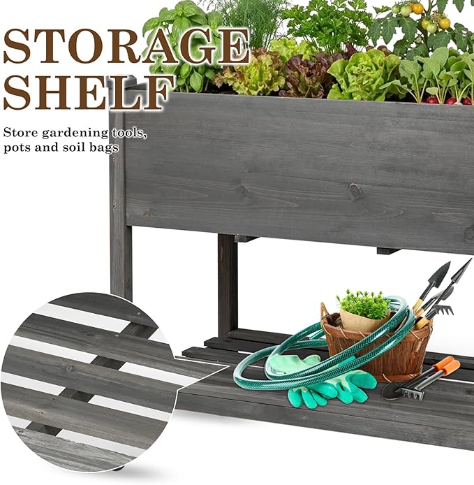 Raised Garden Bed with Lockable Wheels, 32x16x32 inch Elevated Wood Planter with Storage Shelf Protective Liner for Vegetable Flower Herb Outdoor Balcony Patio Backyard, Grey